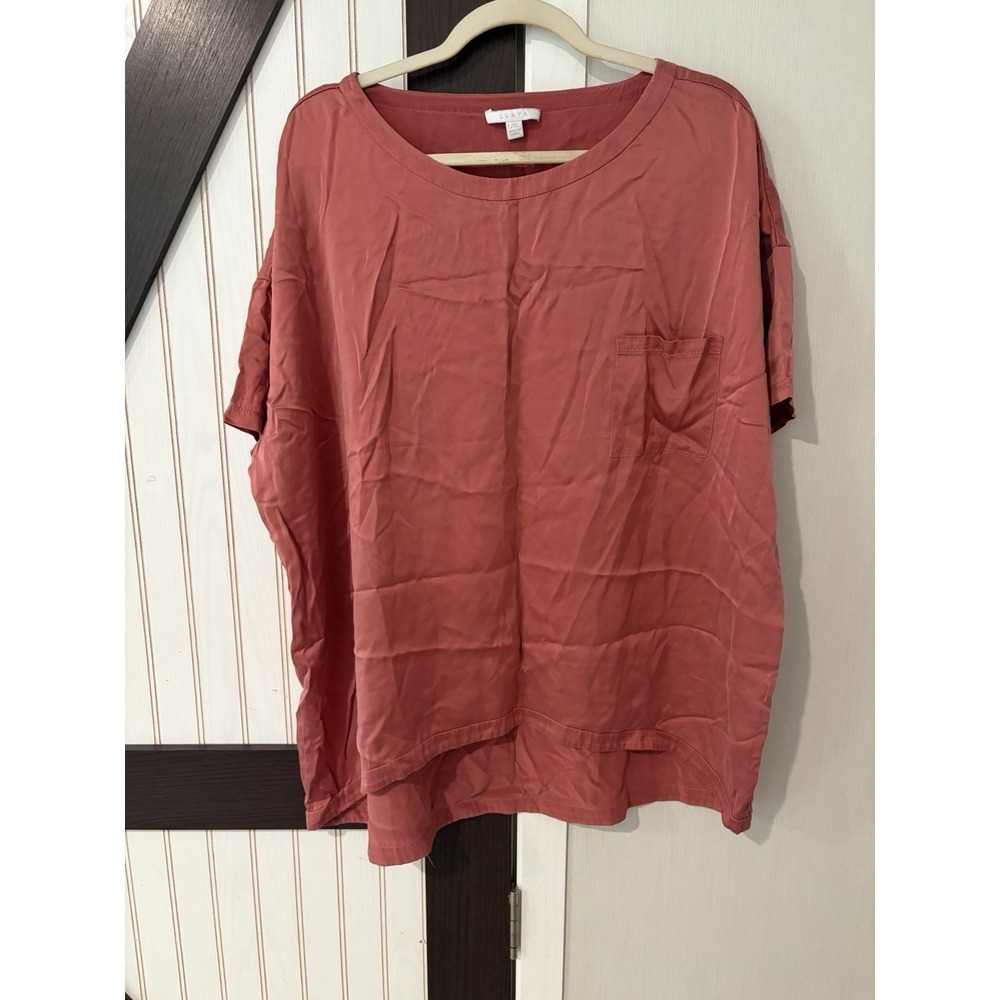 Lunya Pajama Top Womens XL Pink 100% Silk Short Sleeve Lounge Sleepwear Hi-Lo